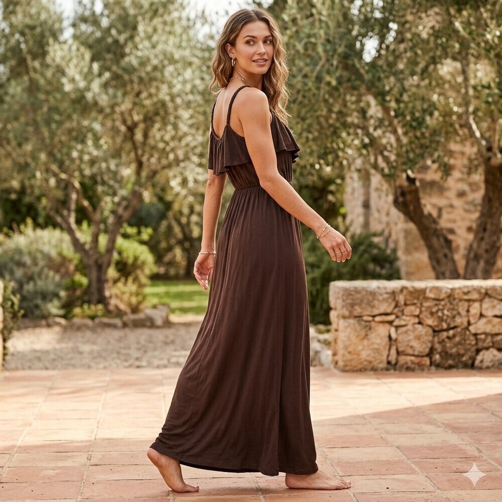 Gilli Ruffle Front Maxi Dress Brown Braided Straps Boho Summer Women's Medium US